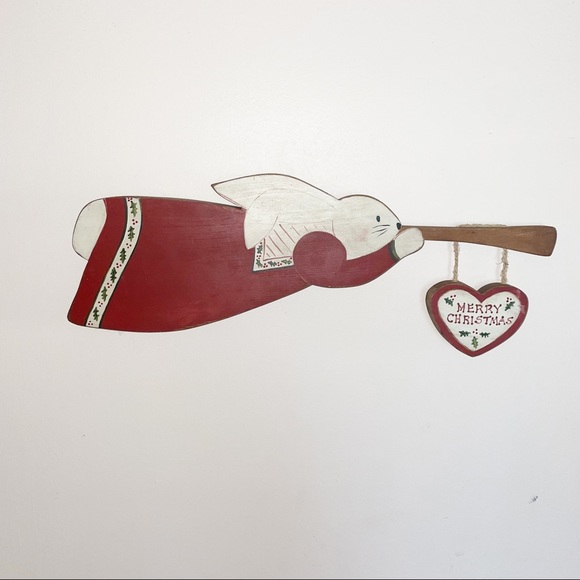 Primitive Wood Bunny Rabbit Wall Hanging Trumpet Merry Christmas Folk Art - Picture 10 of 10